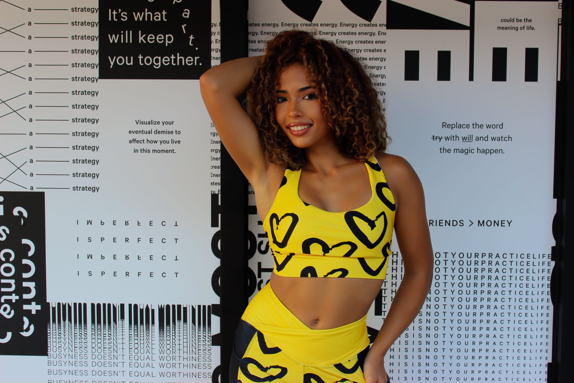 Yellow & Black Heart Print Sports Bra