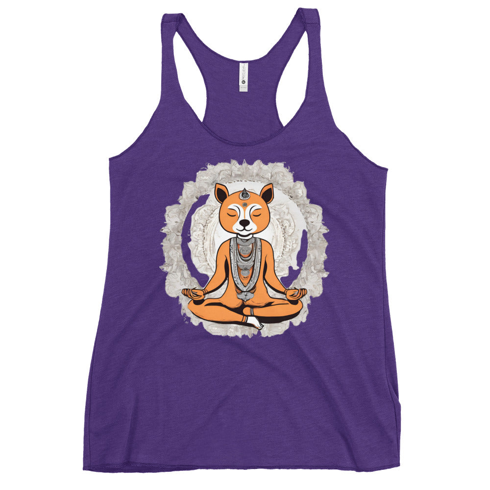 Womens Raceback tank Top of a Peaceful Cat Sitting in Easy seated pose meditating