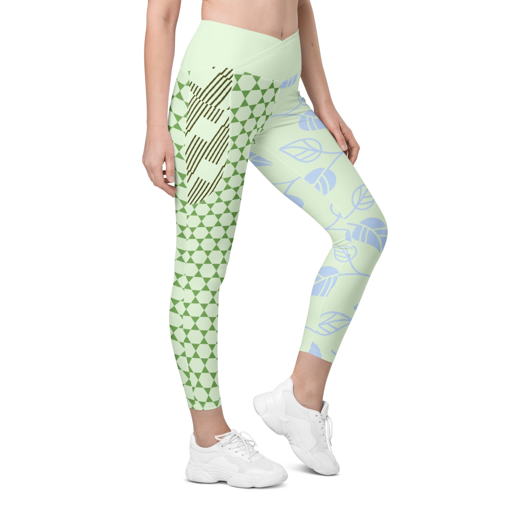 Lime Green geometric floral print crossover waist yoga leggings women