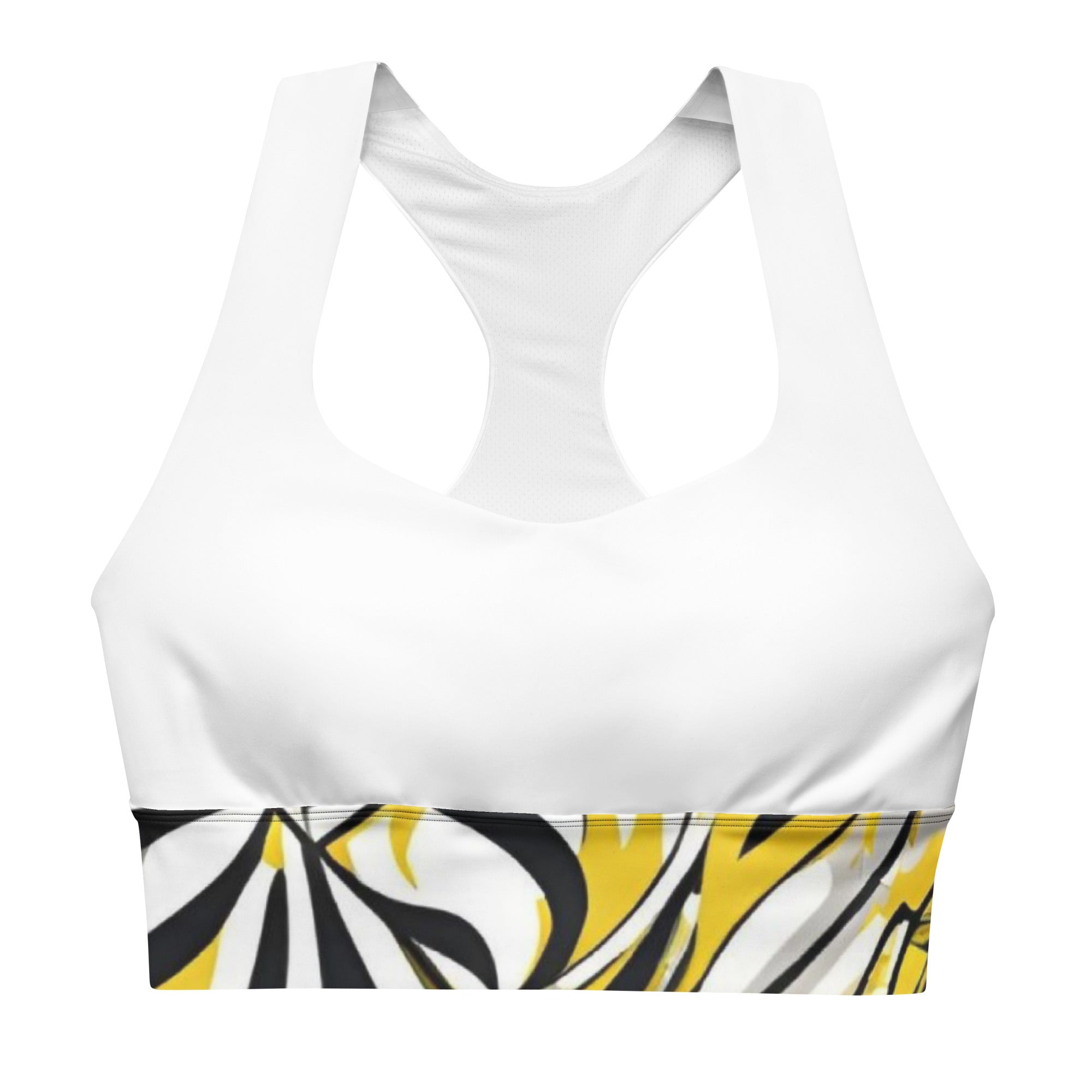 Jazzy Lemon Drop geometric print white recycled sports bra yoga