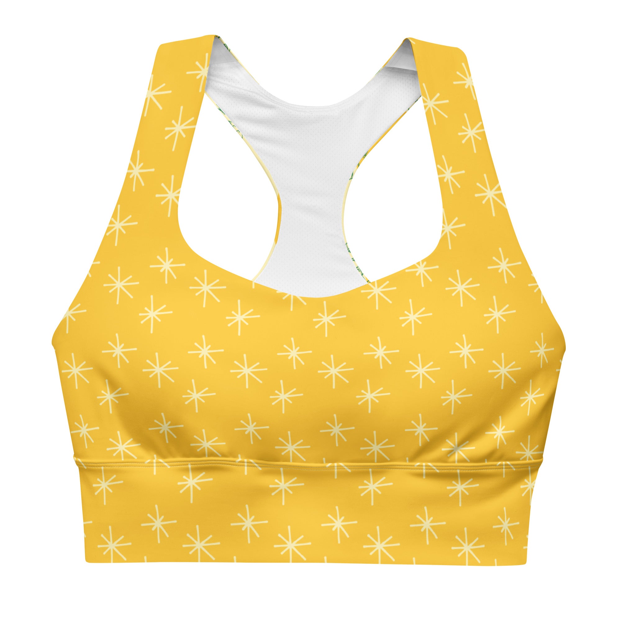 My Velveteen Habit womens yellow starbursts and pineapples print sports bra
