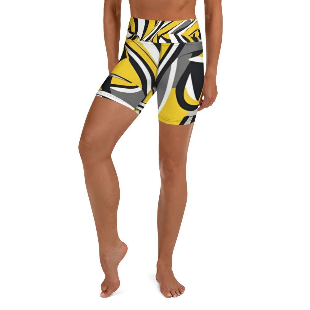 Jazzy Lemon Drop geometric print women's yoga shorts recycled