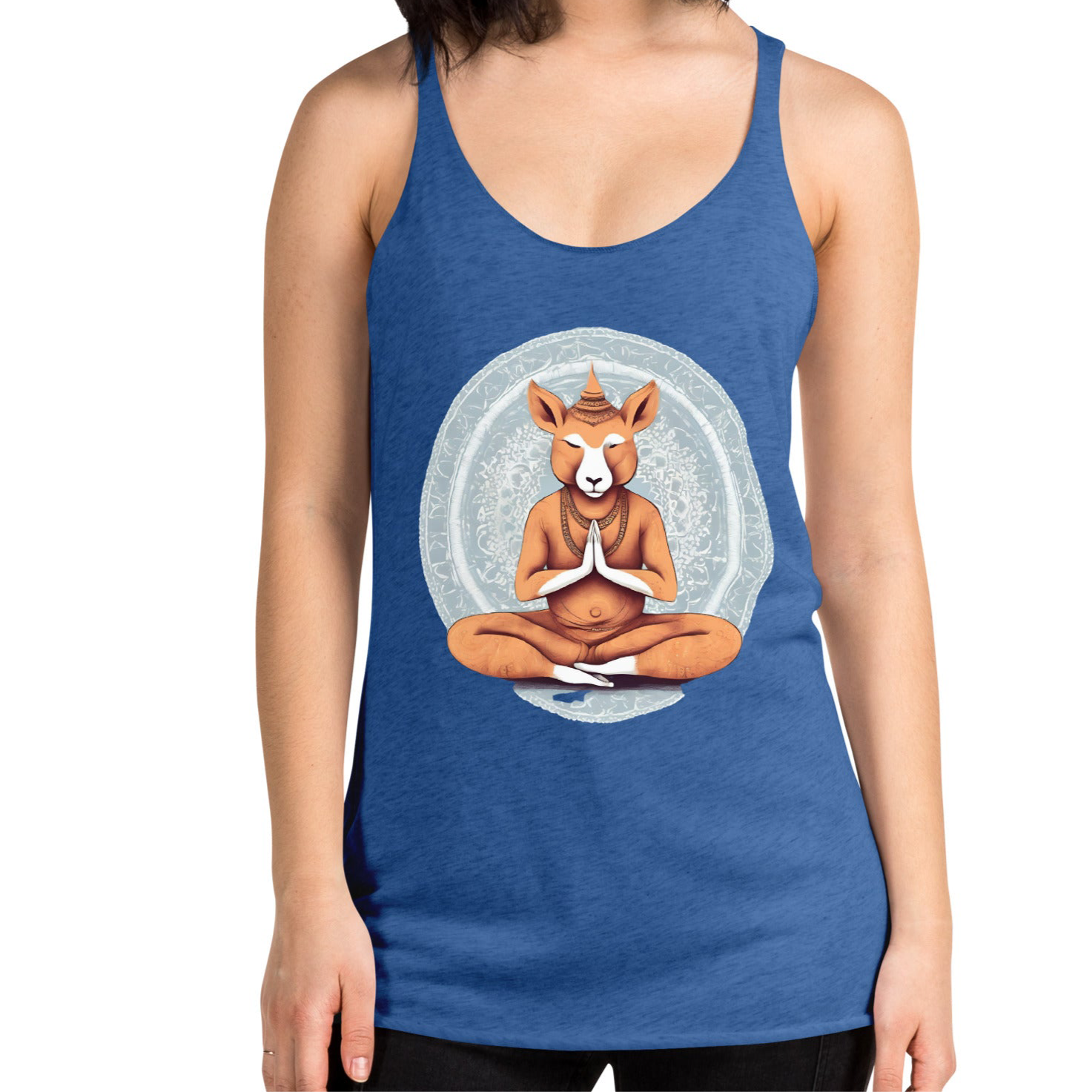 Blue tank top with a meditating deer design on a white background