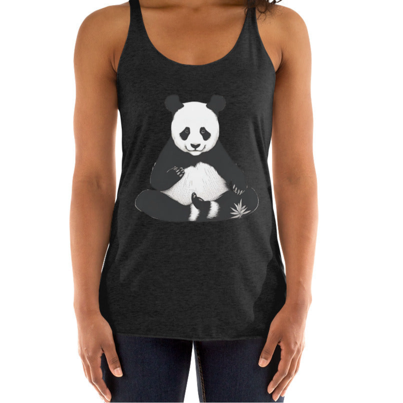 Black tank top with a panda sitting in easy seated yoga pose