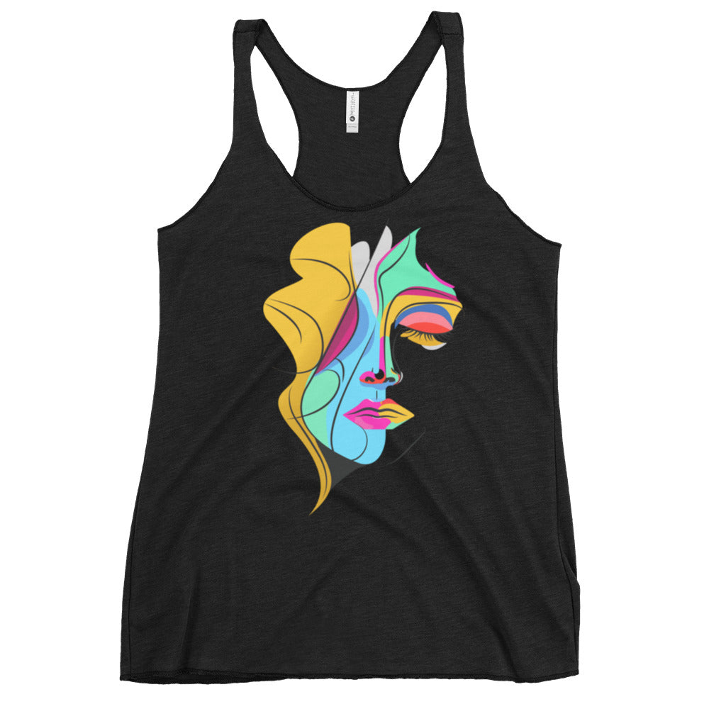 She-Kra Energy women's graphic of beautiful face of a woman showing all the colors of the chakras racerback tank top