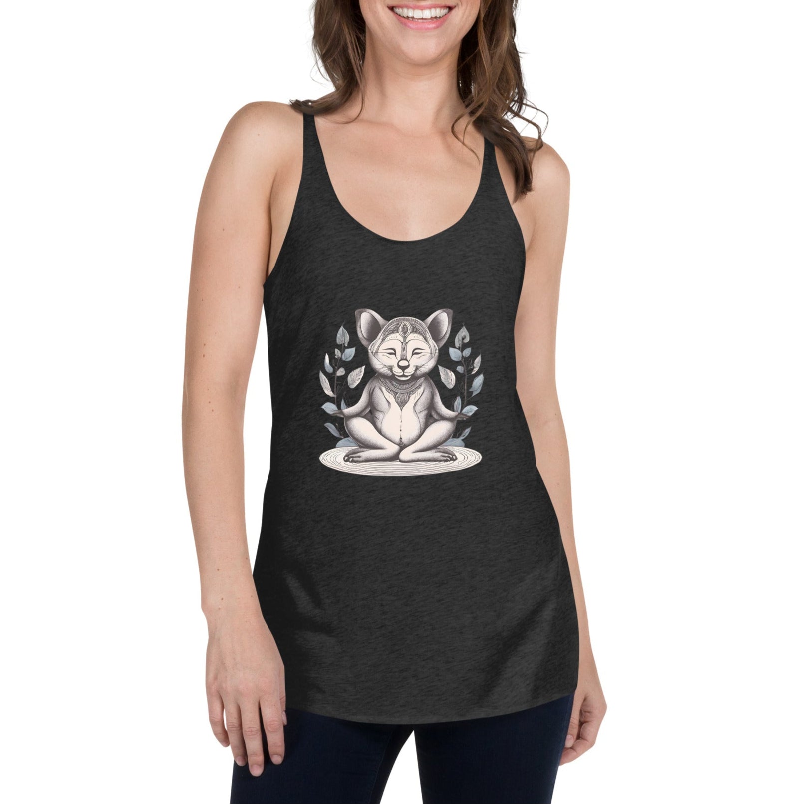 Woman wearing a black tank top with a yogi mouse in malasana or garland yoga pose