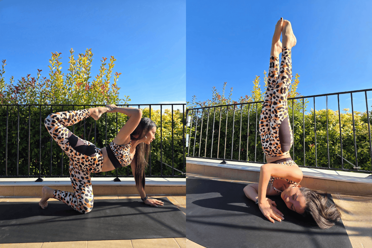 Woman practicing yoga in cheetah print sports bra and matching cheetah print leggings with large side pockets. All My Velveteen Habit yoga wear is ecofriendly.