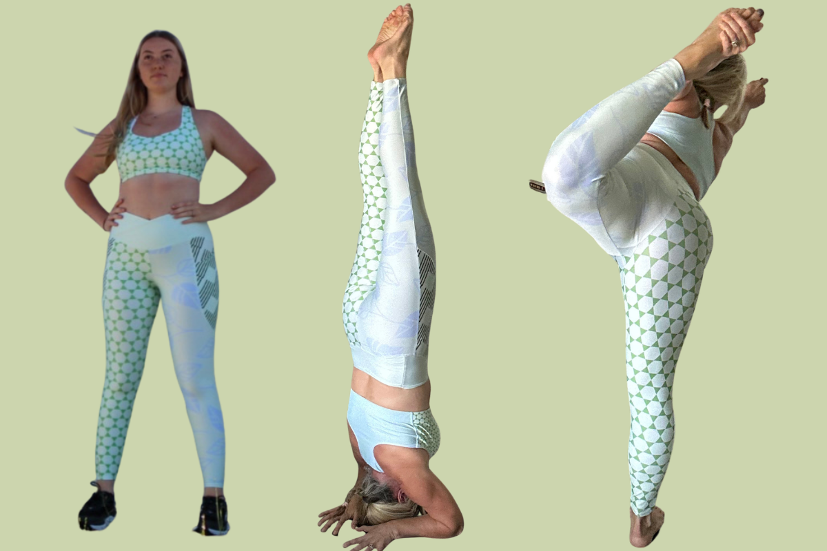 women in yoga poses wearing soft green crossover waist yoga leggings with a great print