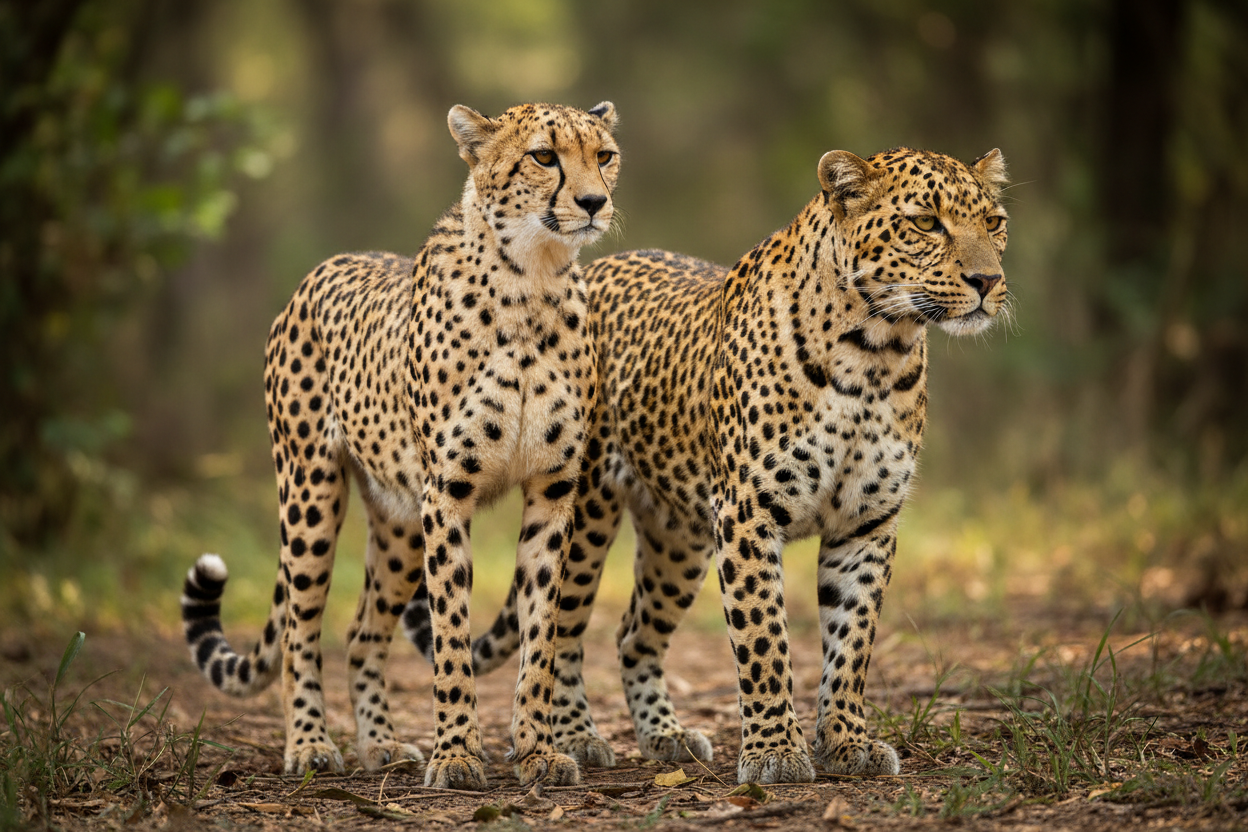 cheetah and leopard side by side show that they are very similar patterns.