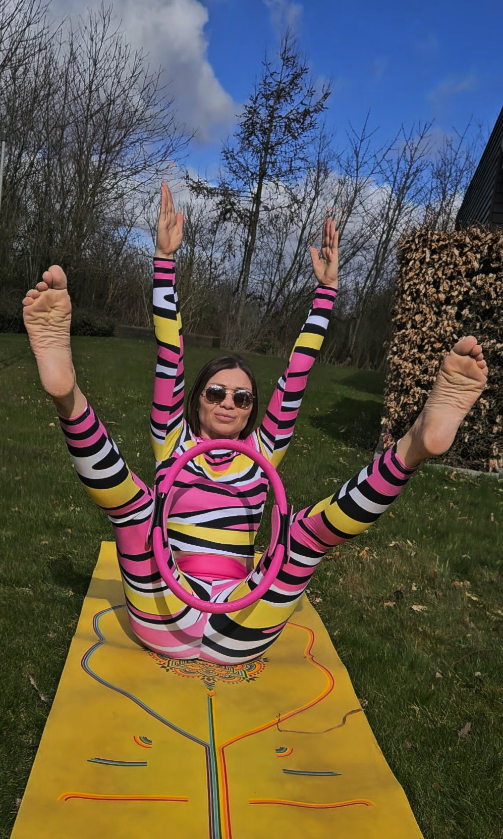 Pretty Pink Purrfect Stripes Eco Yoga Leggings with Side Pockets