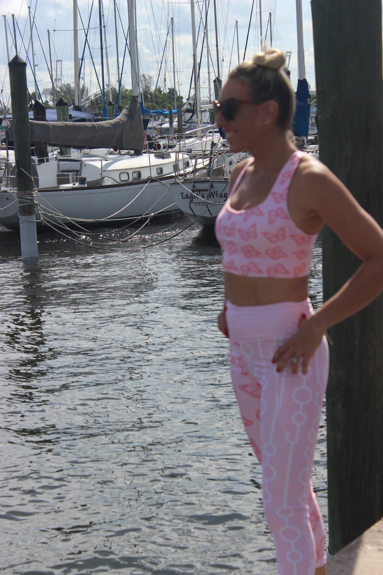 Pink Butterflies Print- Yoga/ Workout Leggings with Side Pockets and Light Compression