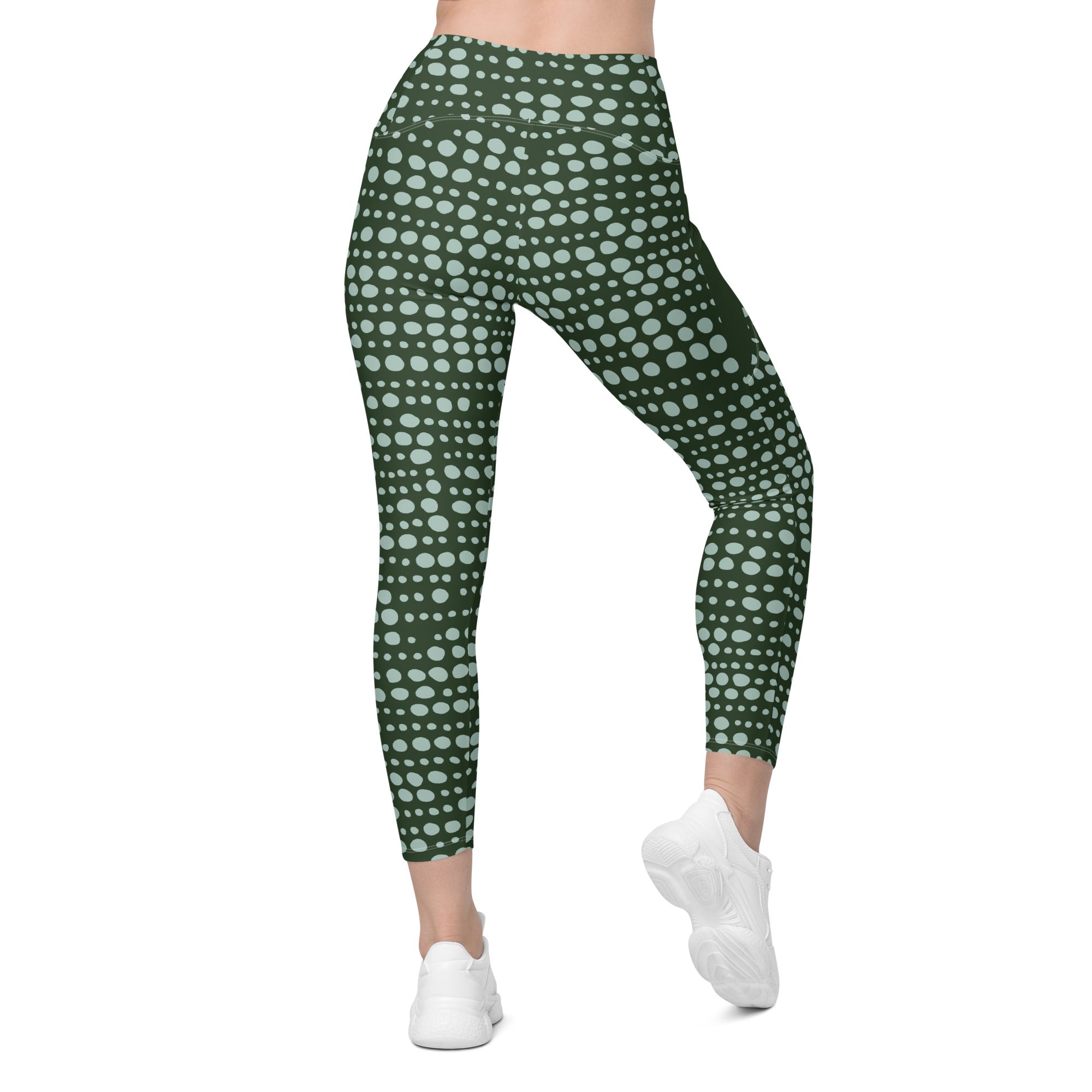 Green Skipping Stones Print Crossover High Waist Leggings with Pockets