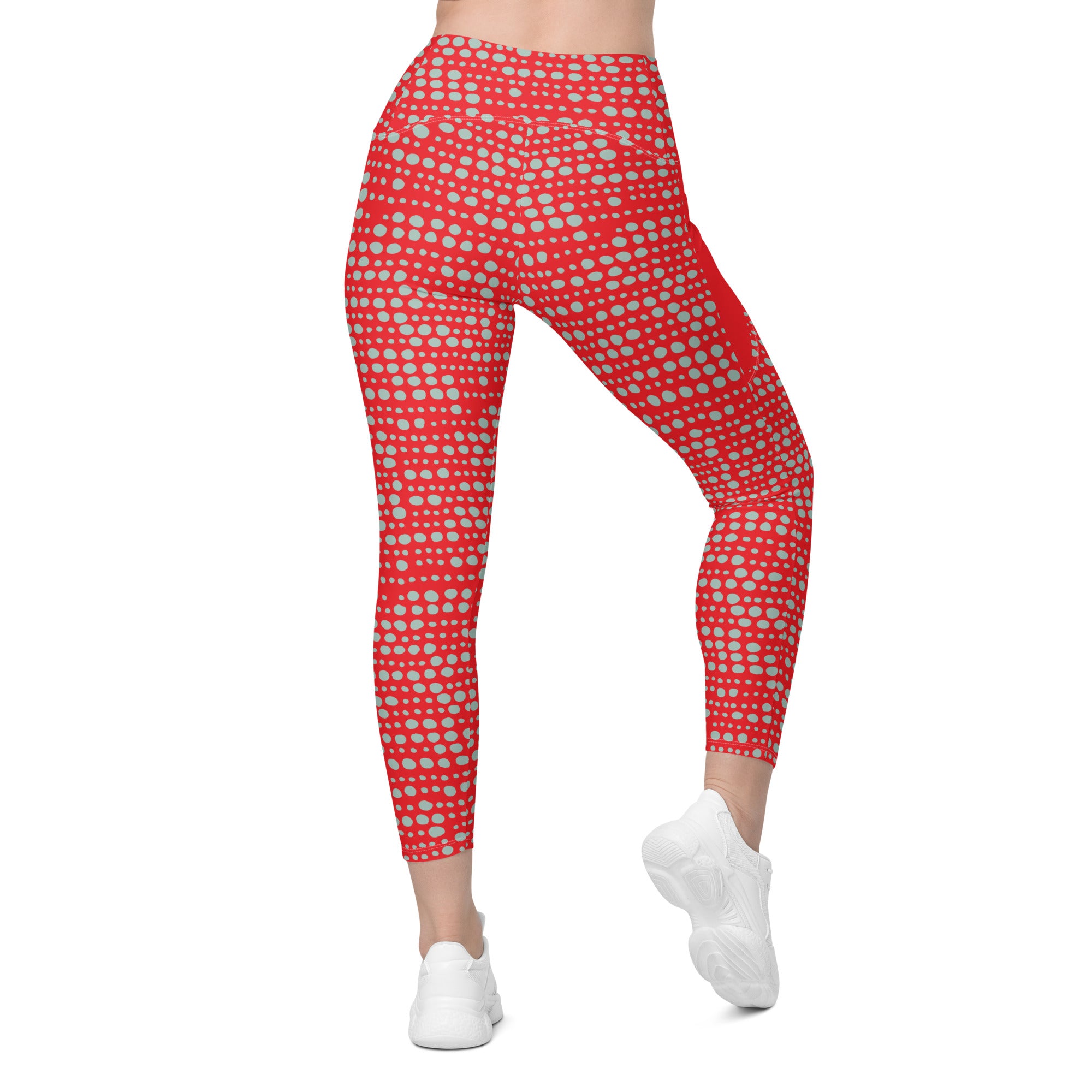 Red Skipping Stones Print Crossover High Waist Leggings with Pockets