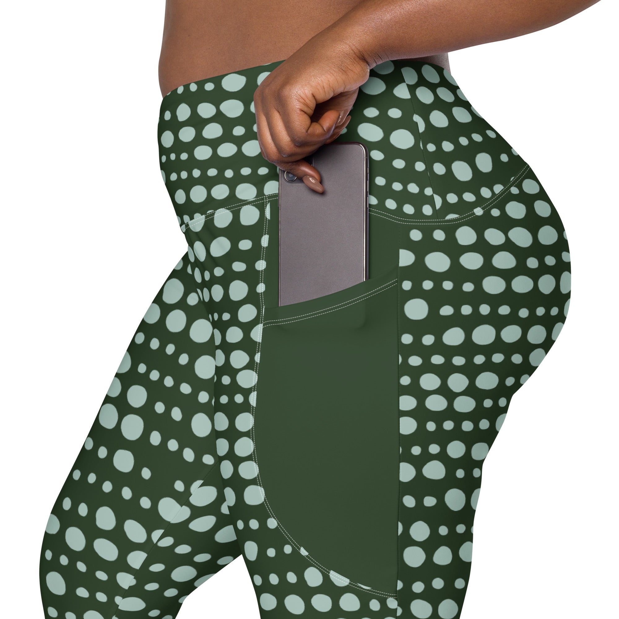 Green Skipping Stones Print Crossover High Waist Leggings with Pockets