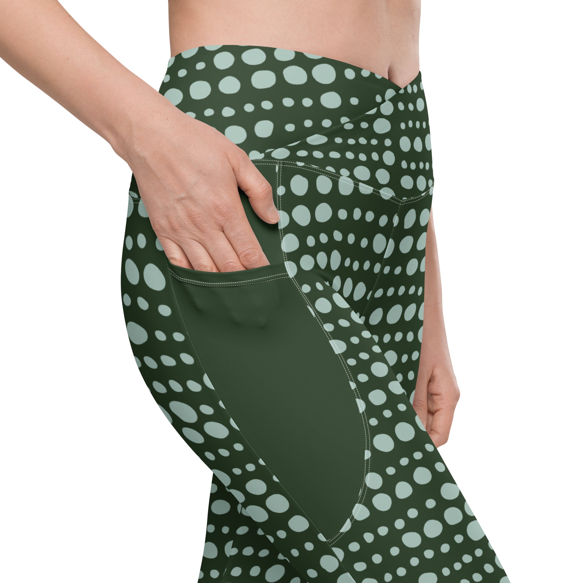 Green Skipping Stones Print Crossover High Waist Leggings with Pockets