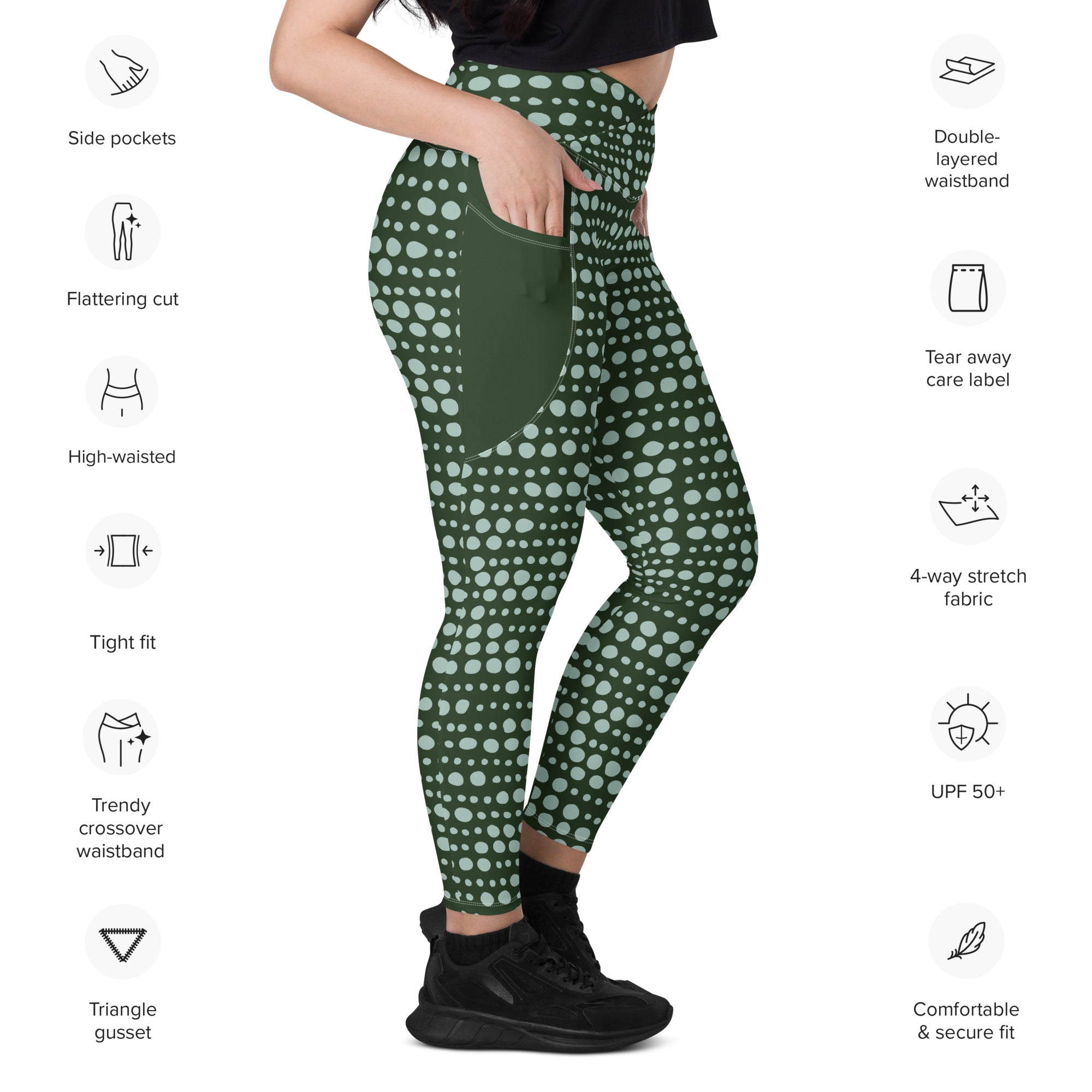 Green Skipping Stones Print Crossover High Waist Leggings with Pockets