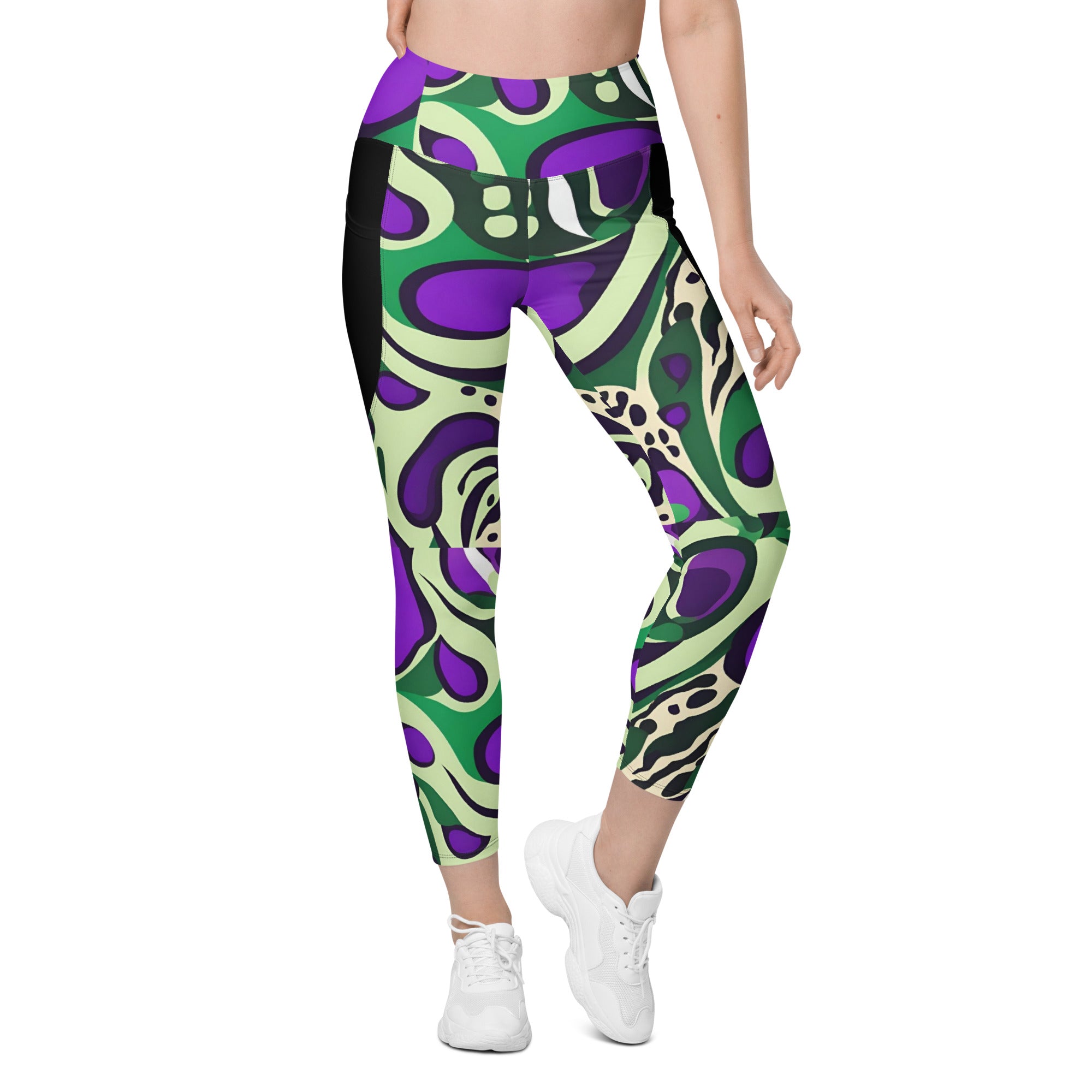 Purple Paisley Planets-Sustainable High Waisted Leggings with Side Pockets