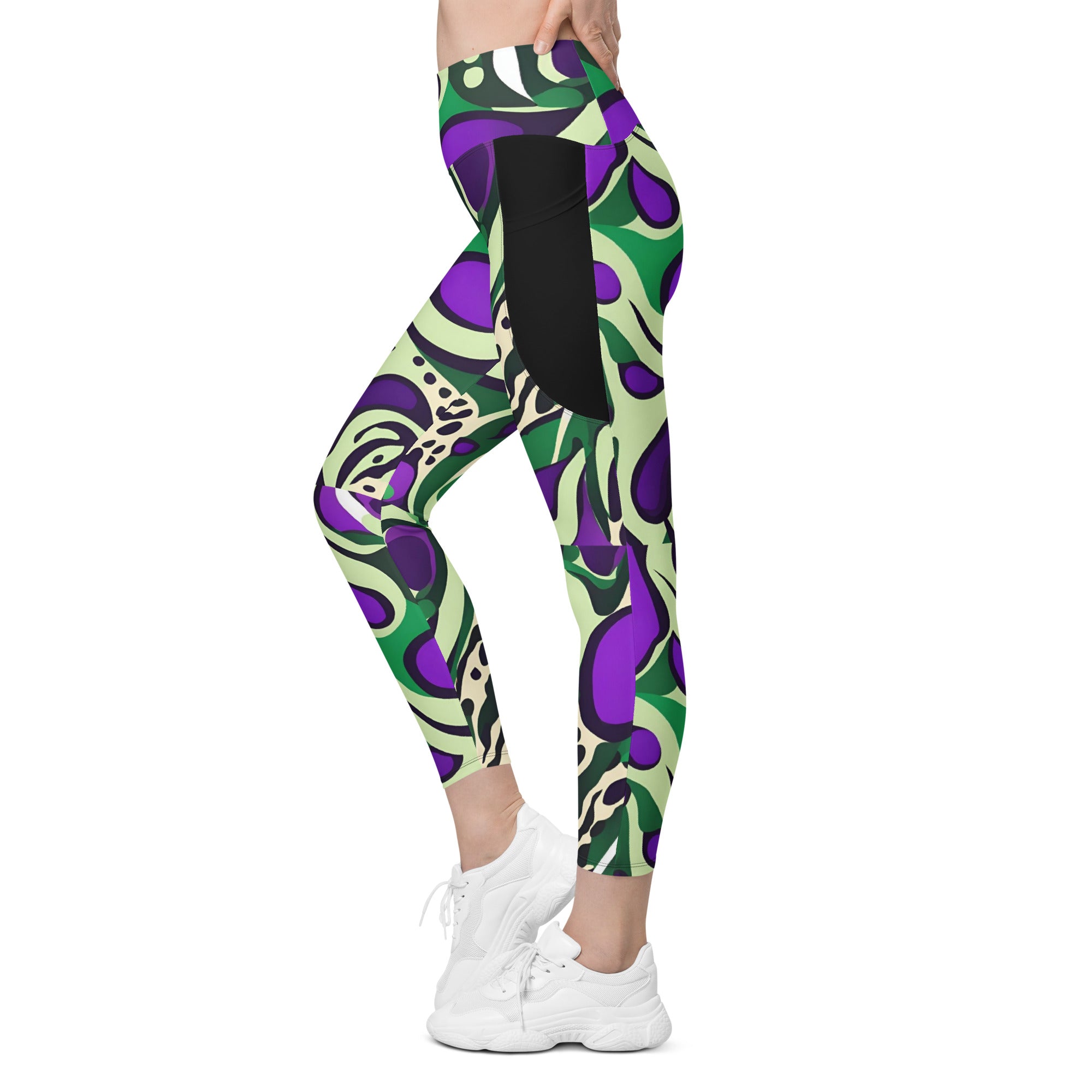 Purple Paisley Planets-Sustainable High Waisted Leggings with Side Pockets