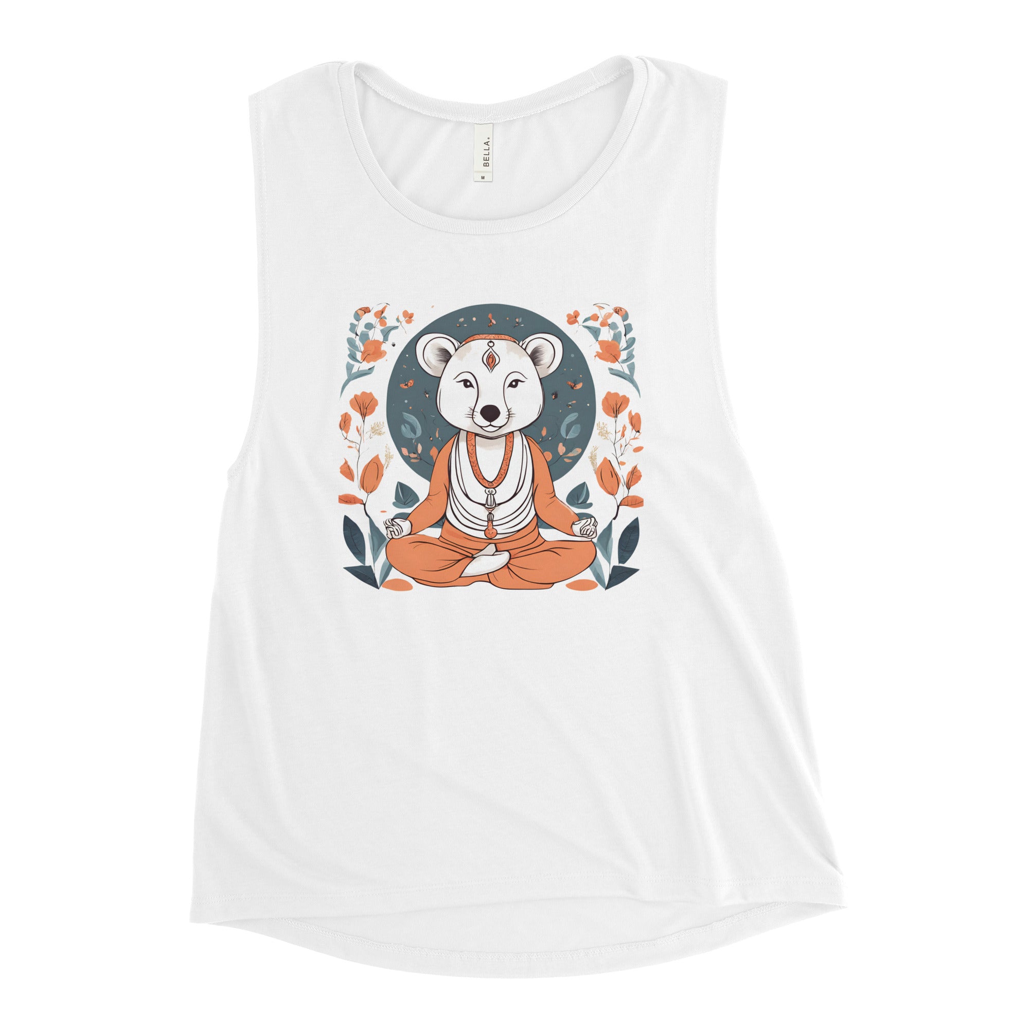 White tank top with a  female bear meditating graphic on a white background