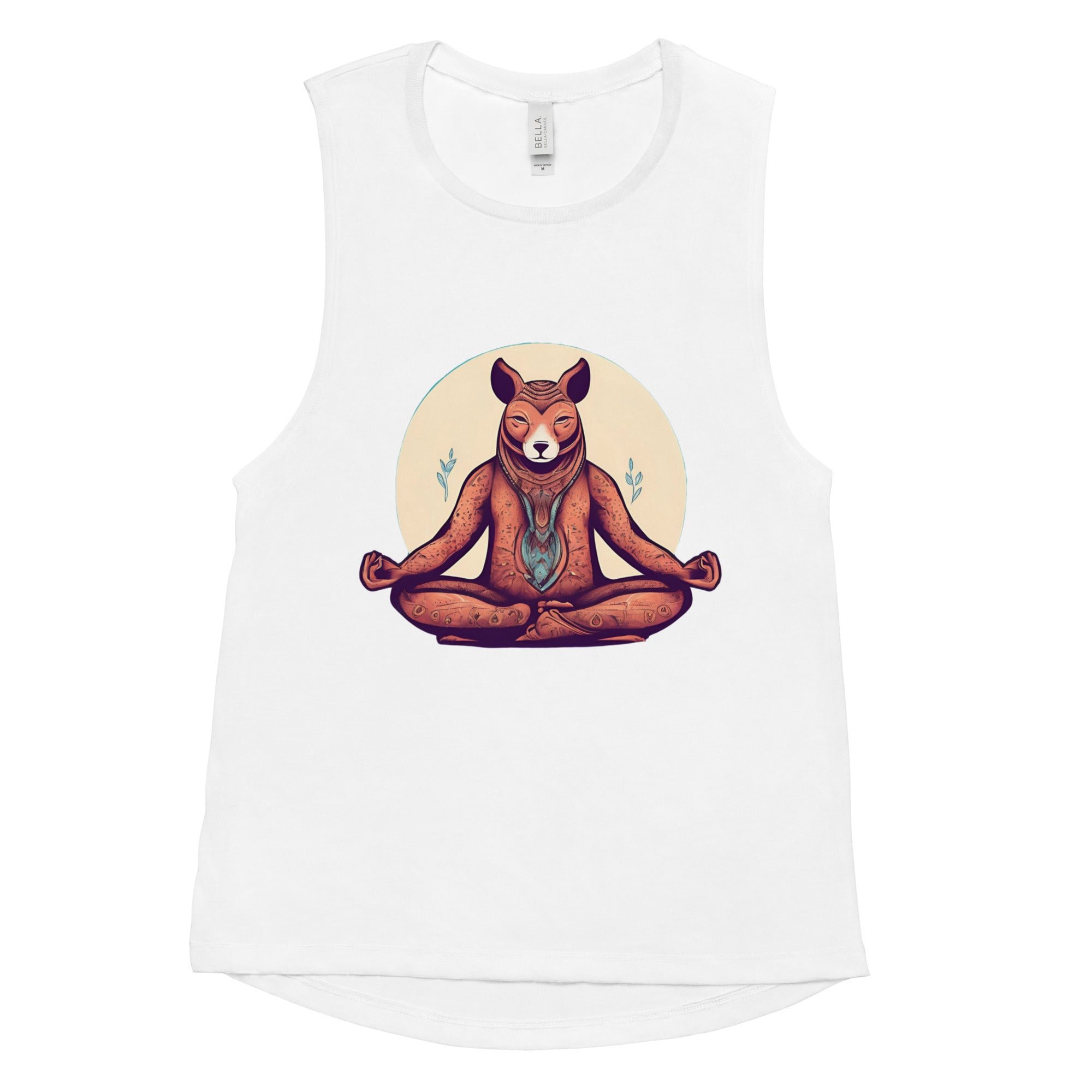 Zen Dog meditating with peace fingers women's graphic yoga muscle tank top